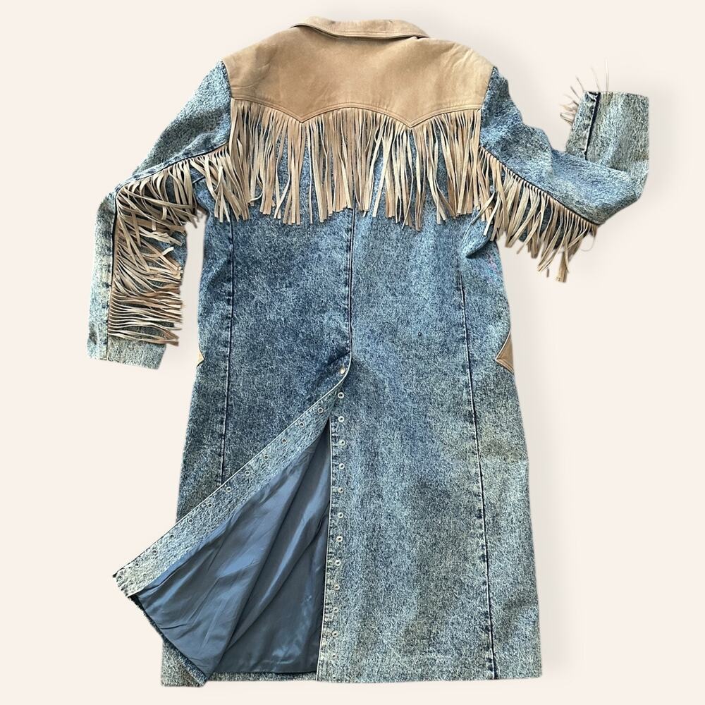 VTG Western Heavy Weight Acid Washed Denim Trench w/ Leather Fringe USA Made XL - Picture 13 of 16